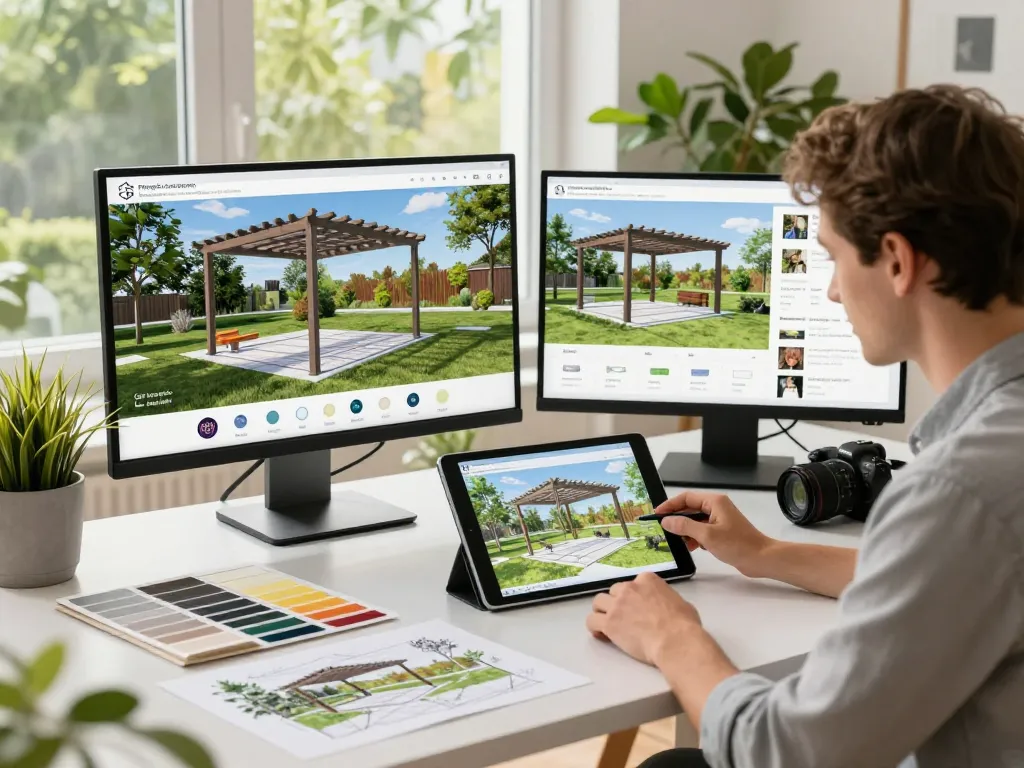 Designer, der den 3D Pergola Konfigurator Schweiz verwendet, um Außensitzplätze in einem modernen Arbeitsplatz anzupassen.