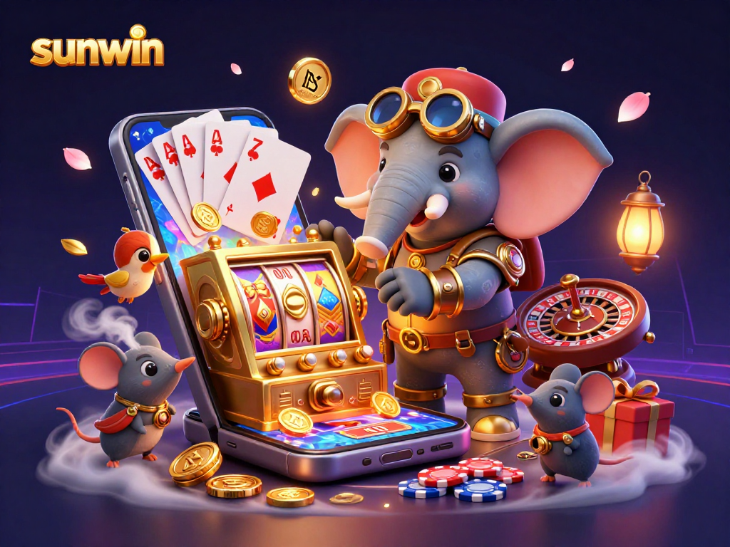 Engage with exciting slots at sunwin, featuring a steampunk elephant engineer amidst dynamic casino elements.