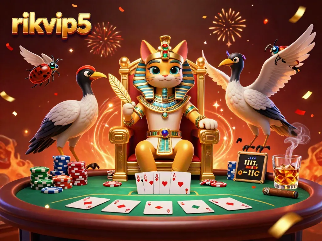 Engage with excitement at rikvip5, where pharaoh cats and lavish poker games meet in a vibrant casino scene.