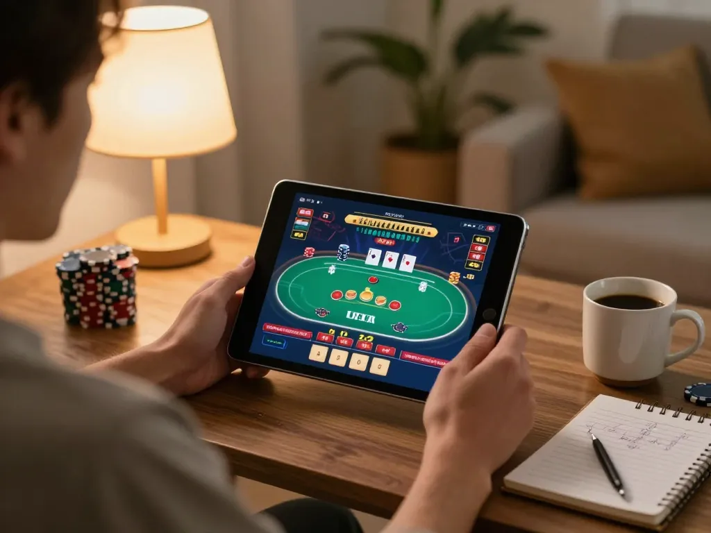 Engaging in online poker on LC88 platform, showcasing a player's strategic efforts in a cozy home setting.