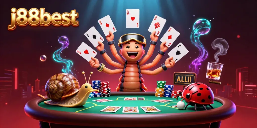 Engage in exciting games at j88best with a lively cartoon casino scene featuring unique characters.