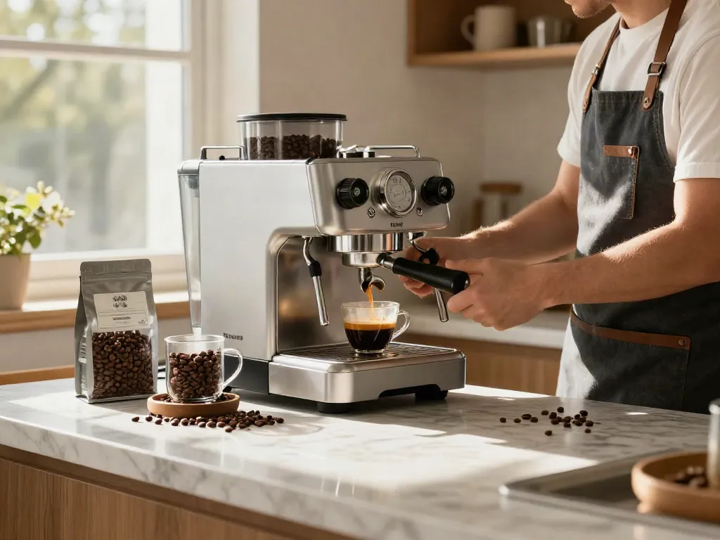 Expert barista brewing espresso with ROKOK88 Espresso Machine in a sunlit kitchen.