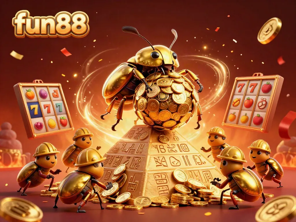 Experience thrilling fun88 excitement with a golden beetle pushing casino coins and symbols in this vibrant scene.