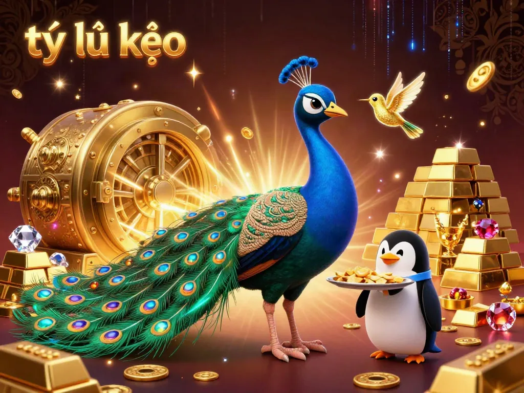 Capture thrilling action with tỷ lệ kèo as peacock and friends scatter coins in a lavish casino.