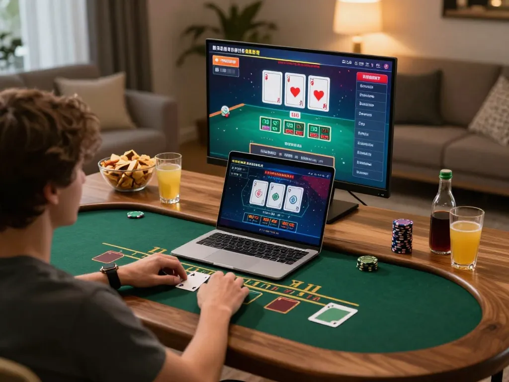 Player strategizing in live dealer blackjack on their laptop, enjoying a sunwin gaming experience at home.
