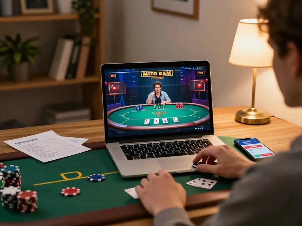 Engaging virtual poker gameplay on 98wincom from a cozy home office.