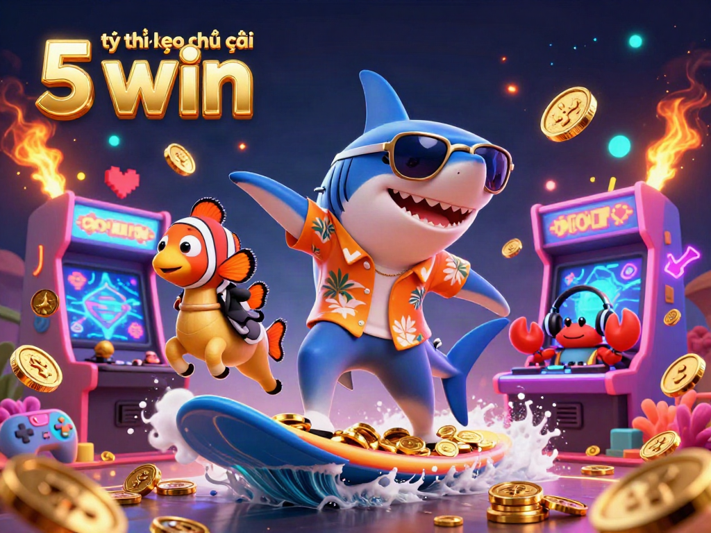 Engage with the thrilling tỷ lệ kèo nhà cái 5 win experience featuring vibrant 3D cartoon characters amid casino gold and gaming elements.