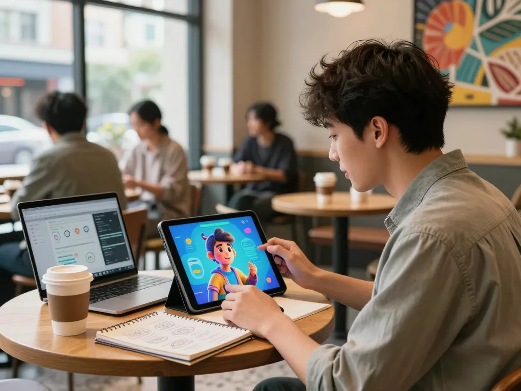 Engaging scene of a young adult using crush on ai in a lively coffee shop setting, showcasing vibrant AI character interaction.