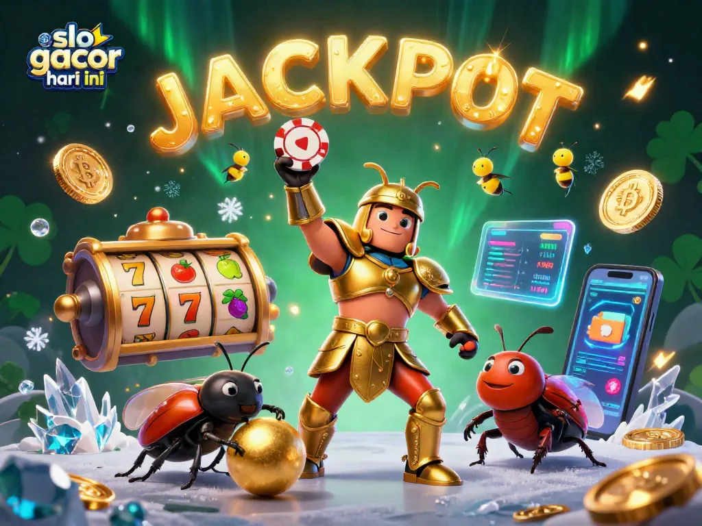 Slot gacor hari ini menunjukkan kemenangan besar dengan simbol jackpot dan karakter serangga mengangkat chip poker.