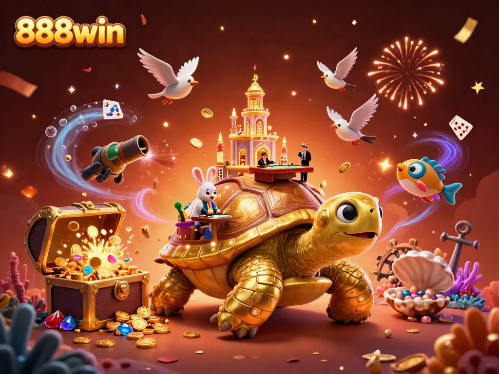 Players celebrate wins at 888win with a vibrant, dynamic casino scene featuring a giant golden tortoise and thrilling game elements.