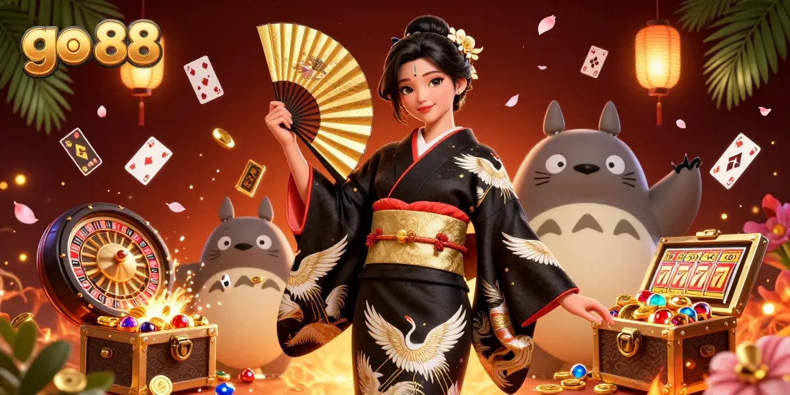 Experience the thrill of go 88 with elegant Asian woman and a wise Tanuki amidst vibrant casino games.