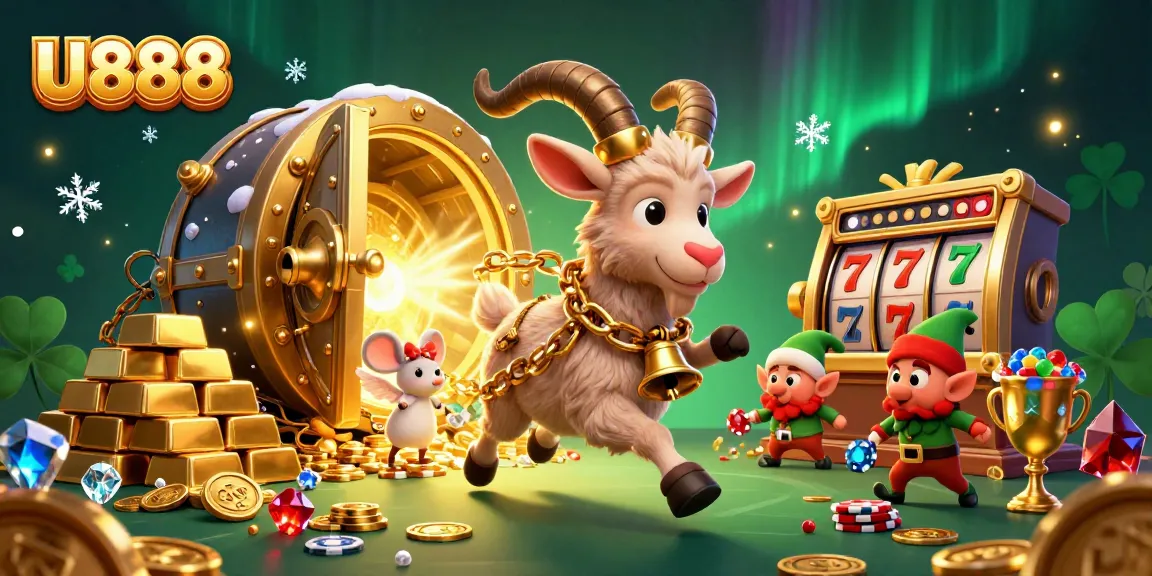 Experience thrilling gaming with U888 at a joyful holiday casino featuring whimsical characters.