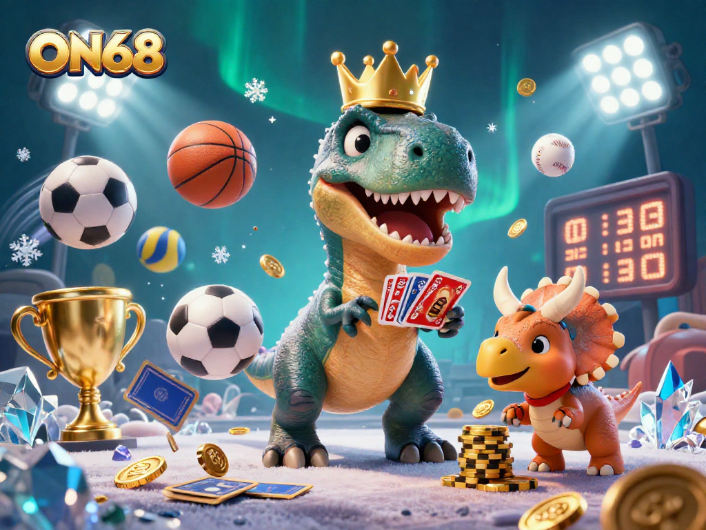 Bet on ON68 with a T-Rex shuffling cards and friends stacking chips in a vibrant casino scene