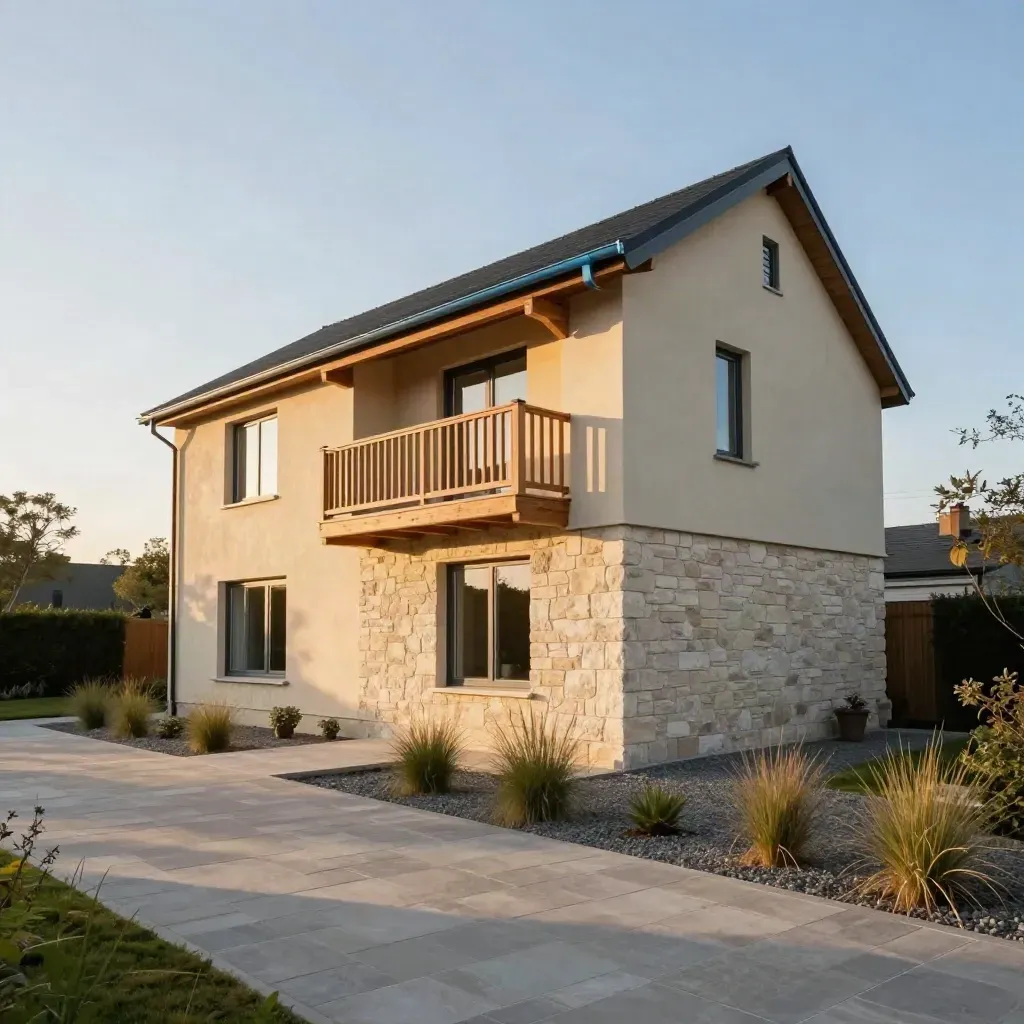 Neubau-Einfamilienhaus mit Steinsockel und Holzbalkon im warmen Abendlicht.