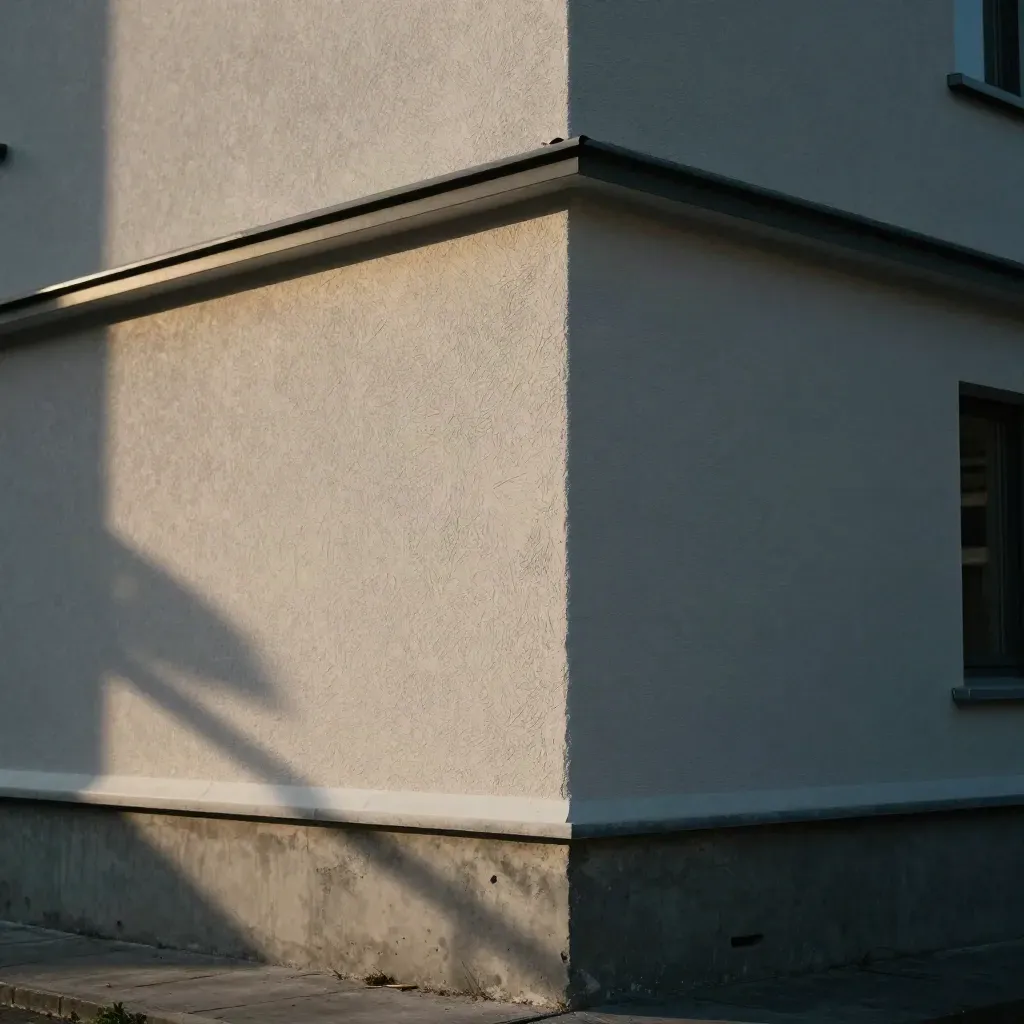 Frisch sanierte Fassadenecke mit sauberem Putz, Fensterblech und Gerüstschatten.