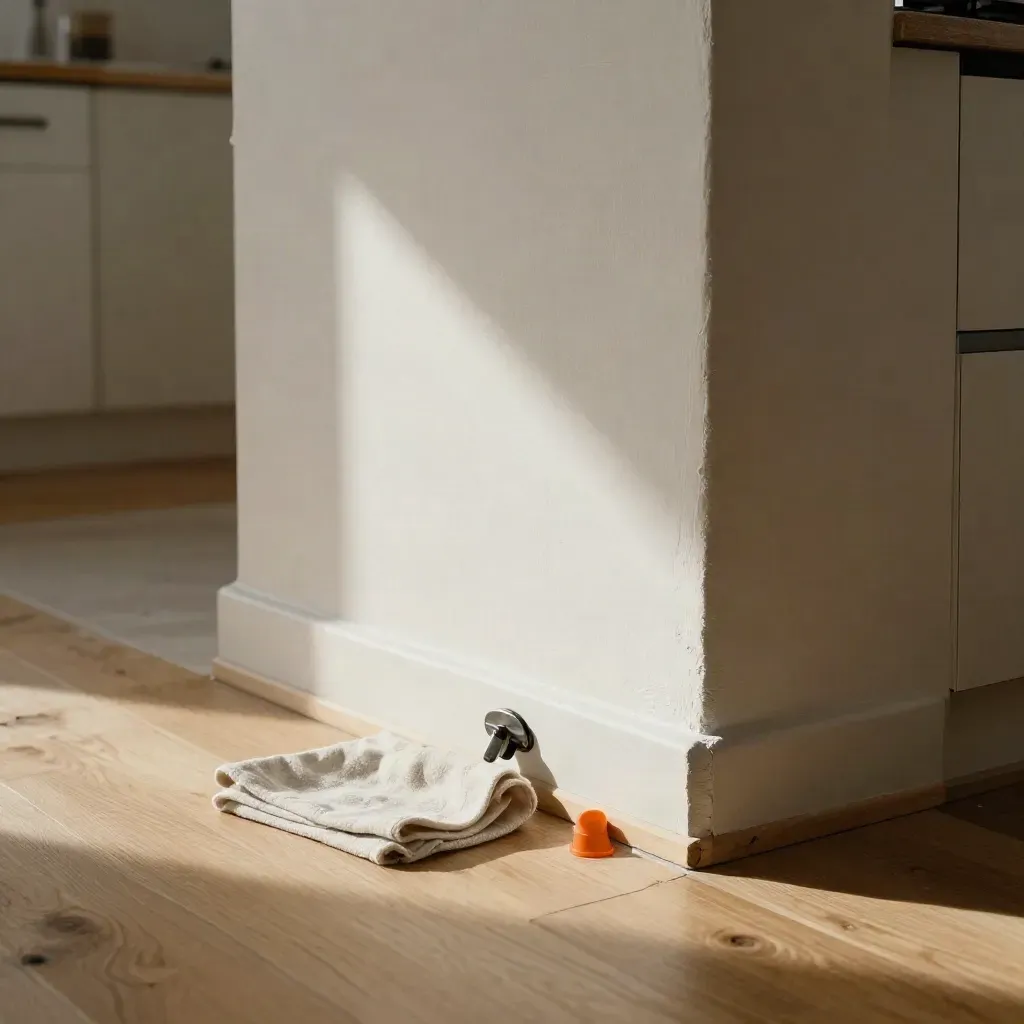 Renovierte Küchenecke mit frischem Putz, Eichenboden und hellem Fensterlicht.