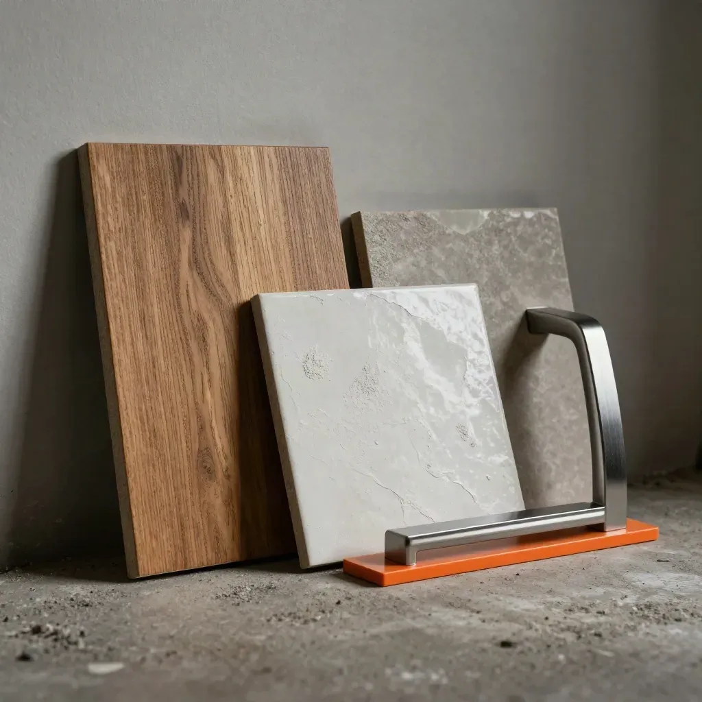 Renovationsmuster aus Eiche, Fliese, Putz und Metall auf Beton, dramatisch ausgeleuchtet.
