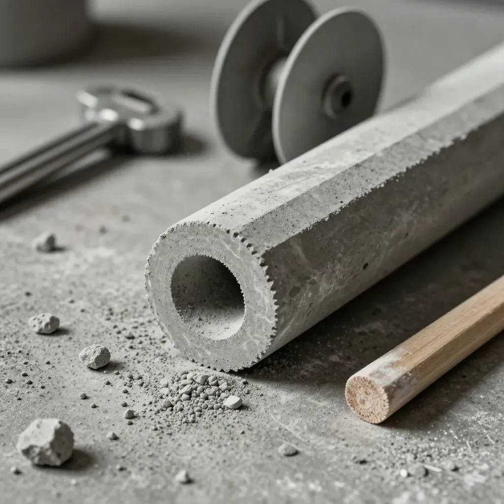Makro eines Betonbohrkerns, Schnurgerät und Vermessungspfahl auf rauer Werkbank.