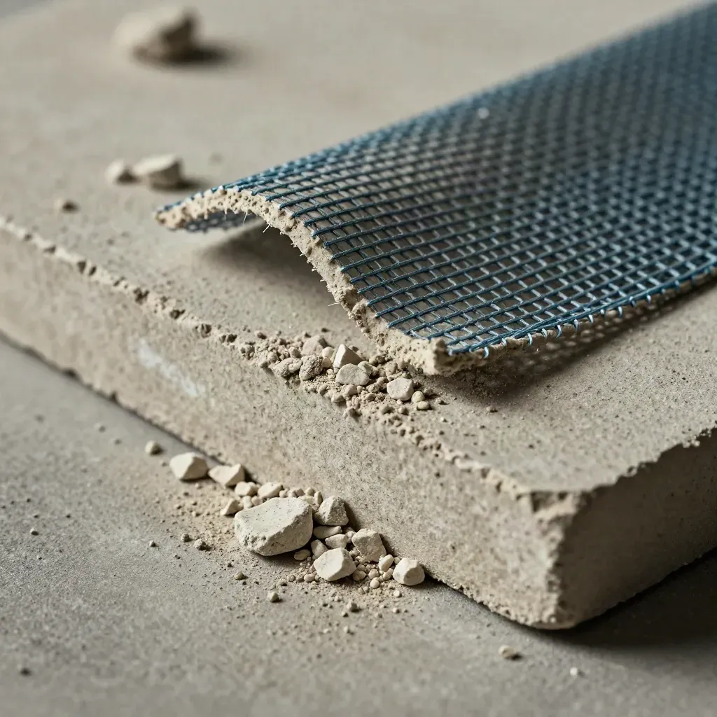 Nahaufnahme von Mörtel, Kalkstaub und Schutznetz auf Betonplatte.