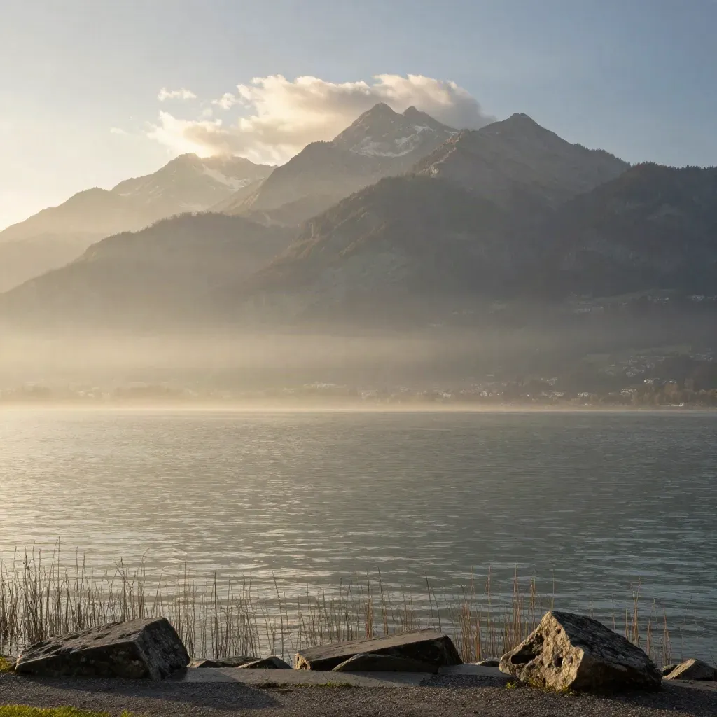 Blick über den Vierwaldstättersee mit Pilatus und Rigi im Abendlicht, ruhiges Wasser und Nebelhauch.