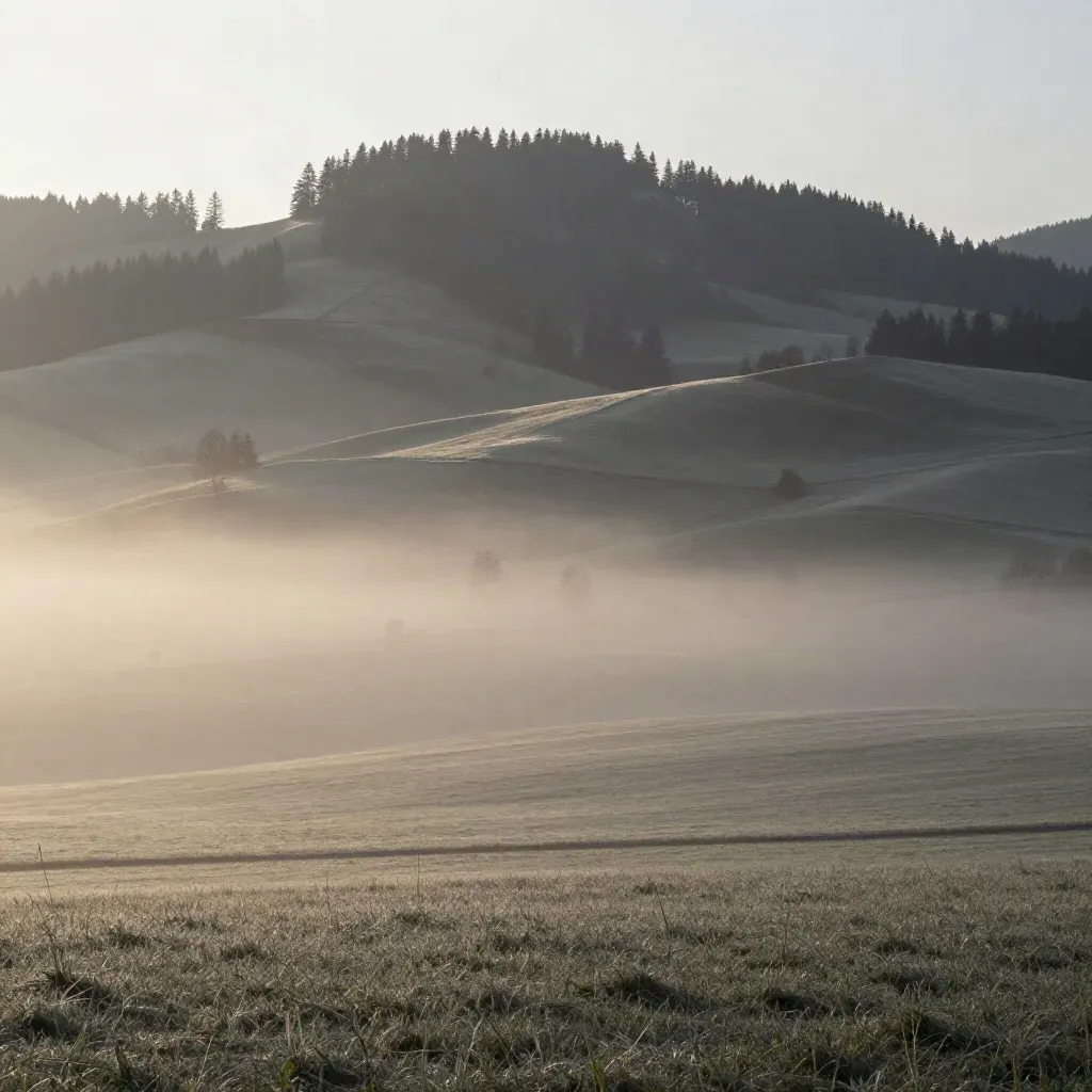 Appenzeller Hügel mit Säntis über silbrigem Nebel im Morgenlicht