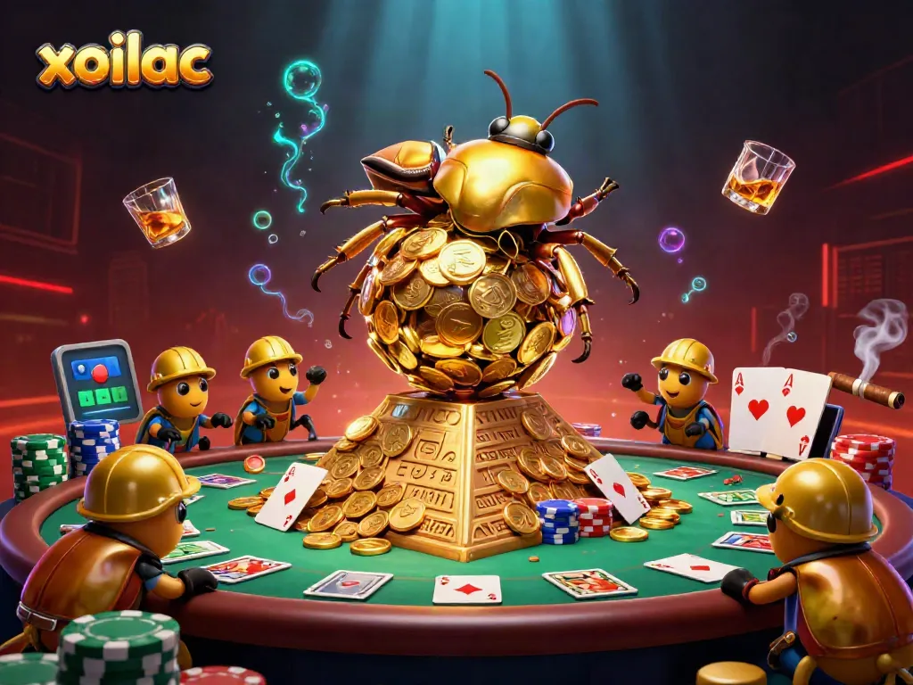 Experience xoilac live gambling with vibrant golden beetles and poker elements in a dynamic scene.