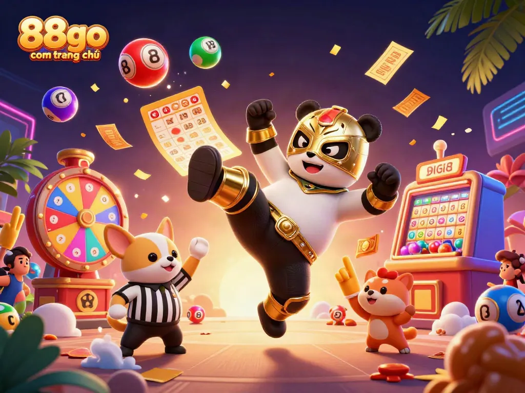 Experience excitement with 88go com trang chủ as a panda performs a flying kick amidst a vibrant casino scene.