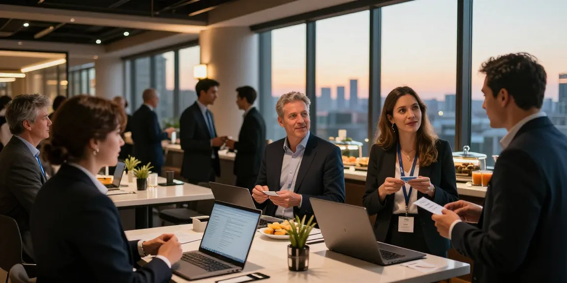 Dynamic networking scene showcasing Business Netzwerk Schweiz at an urban venue with professionals engaging and exchanging contacts.