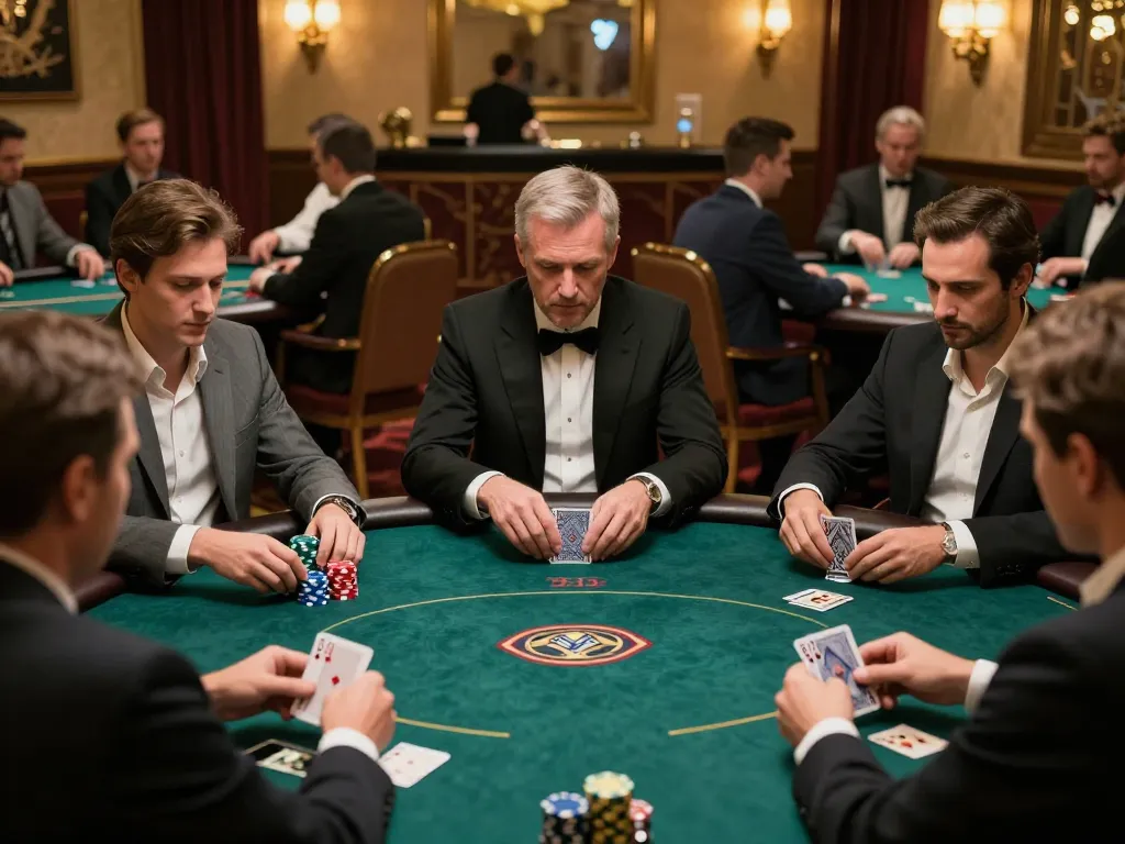Players engaging in a high-stakes poker game at Nhà cái OK365, showcasing strategic gameplay and social interaction.