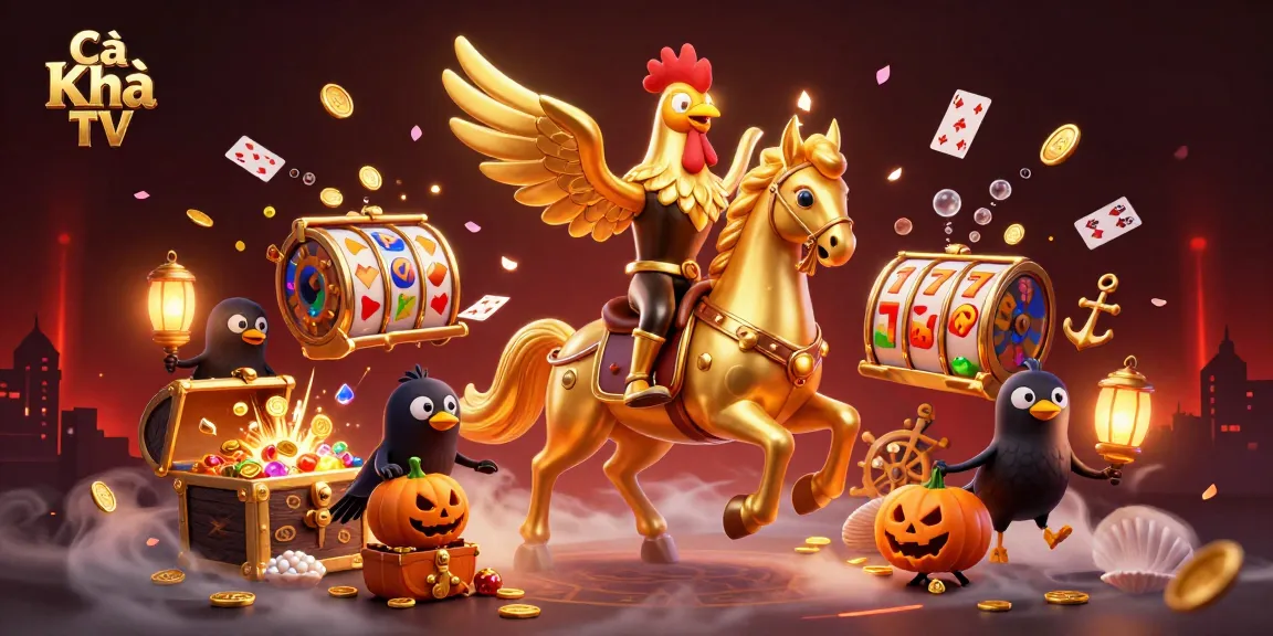 Cà Khịa TV brings excitement as a golden rooster rides through a vibrant casino scene filled with treasures.