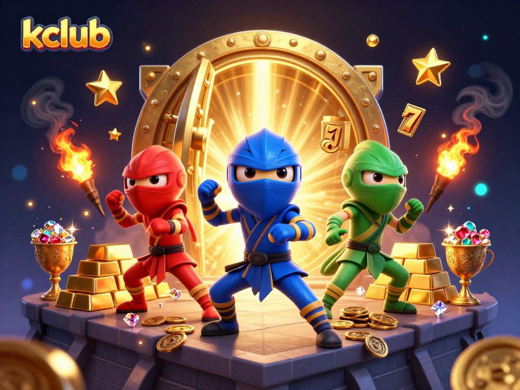 Kclub players enjoy thrilling action at a dynamic casino scene with ninja chameleons and treasures.