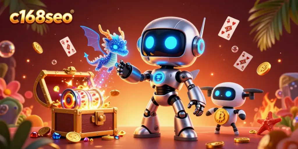 Engage with c168seo's vibrant 3D illustration featuring a cyberpunk robot and casino elements.
