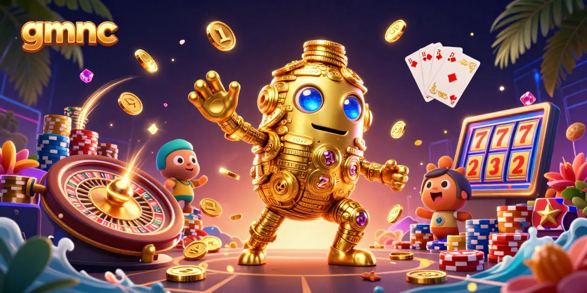 Spin the gamnc slots with a golden golem surrounded by vibrant casino elements.