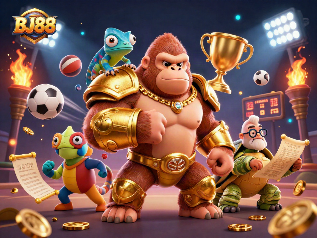 BJ88 Casino's vibrant scene capturing a gorilla king and friends celebrating sports betting excitement with dynamic 3D elements.