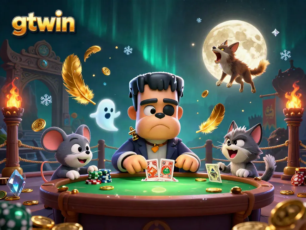 Engaging scene of gtwin's Frankenstein bulldog dealer at a haunted casino table with ghostly elements and lively interactions.