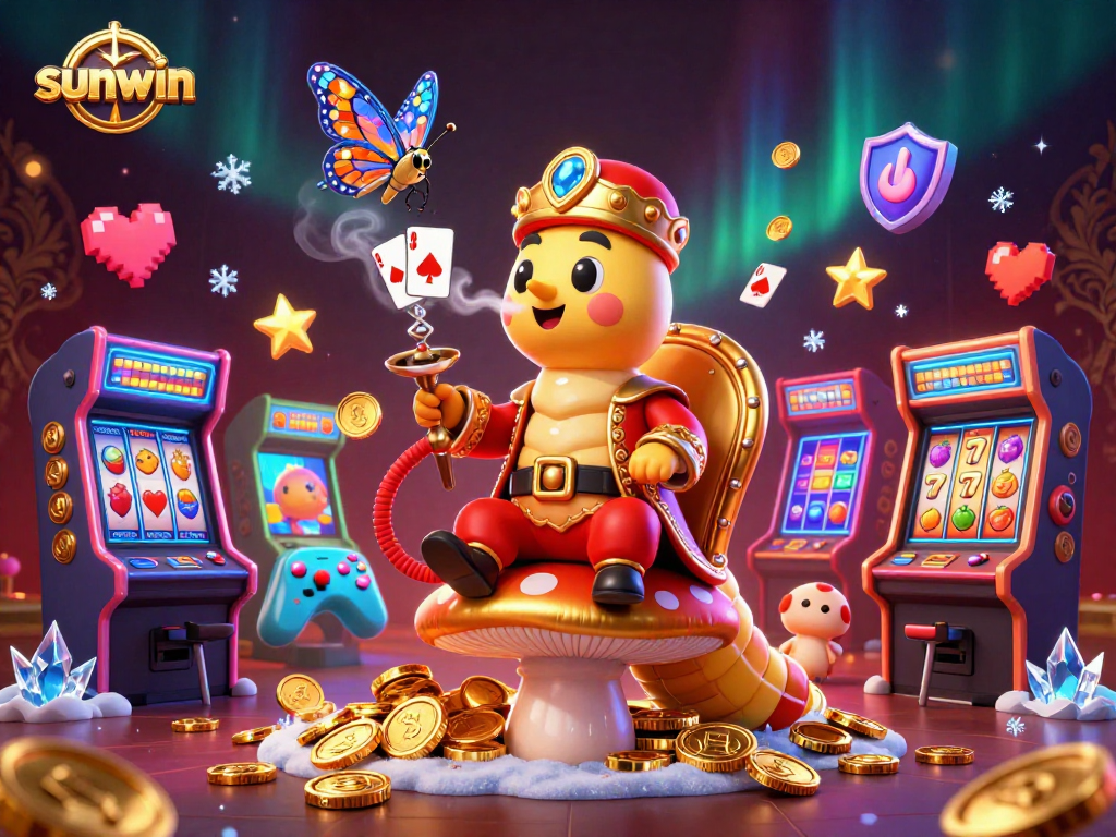 Engage with sunwin's vibrant casino action featuring a whimsical hookah-master creating poker hand smoke.