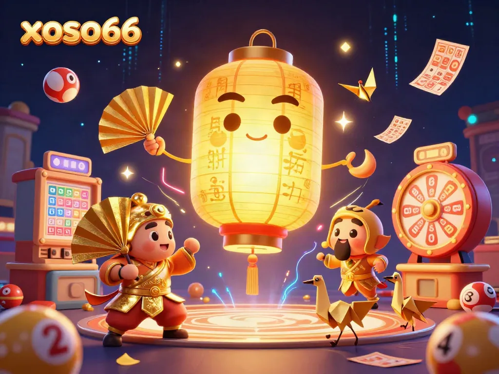 Engage in the exciting world of xoso66 with a magical casino scene featuring glowing lantern spirits and dynamic lottery elements.