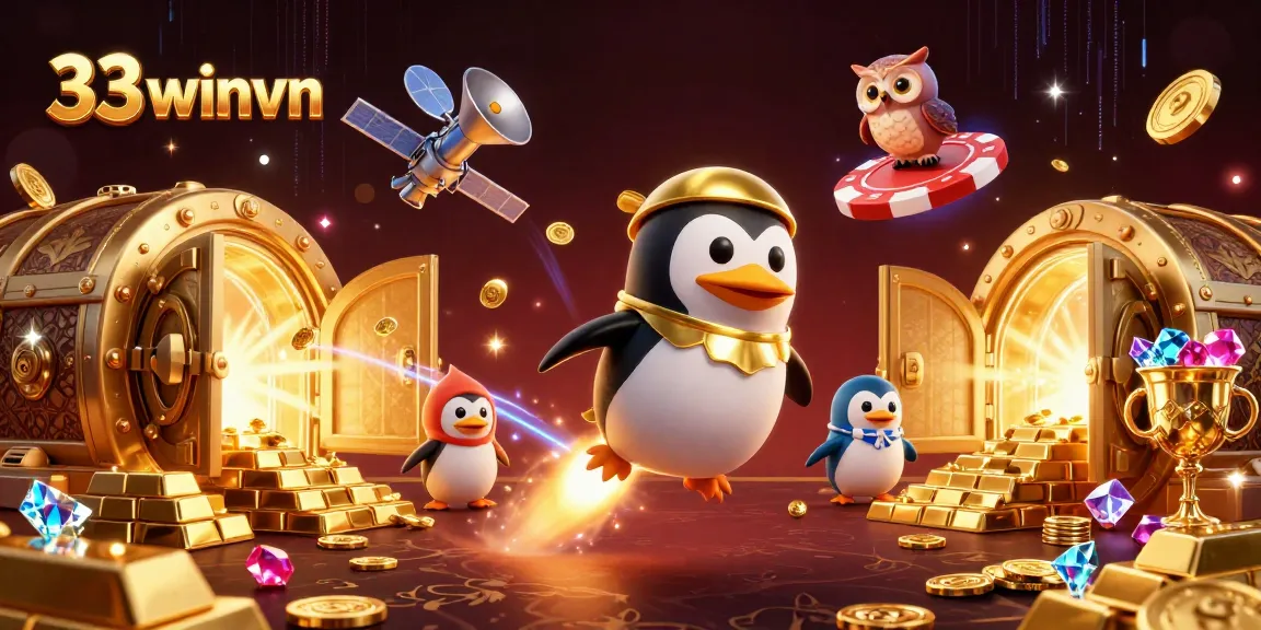 Engage with 33winvn's immersive casino adventure featuring a golden penguin and dazzling treasures.