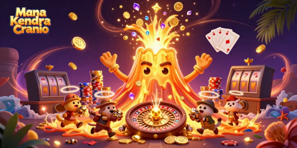 Erleben Sie mit Mana Kendra Cranio eine fesselnde Slots-Aktion mit Vulkan und Schätzen.