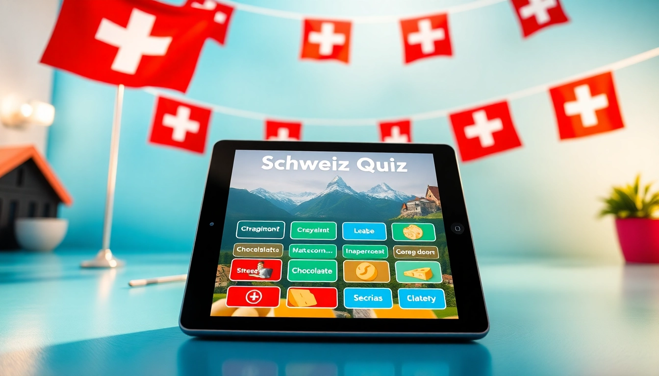 Fesselnde Schweiz-Quiz-Oberfläche auf einem Tablet, mit Fragen zur Kultur und zu Sehenswürdigkeiten der Schweiz.