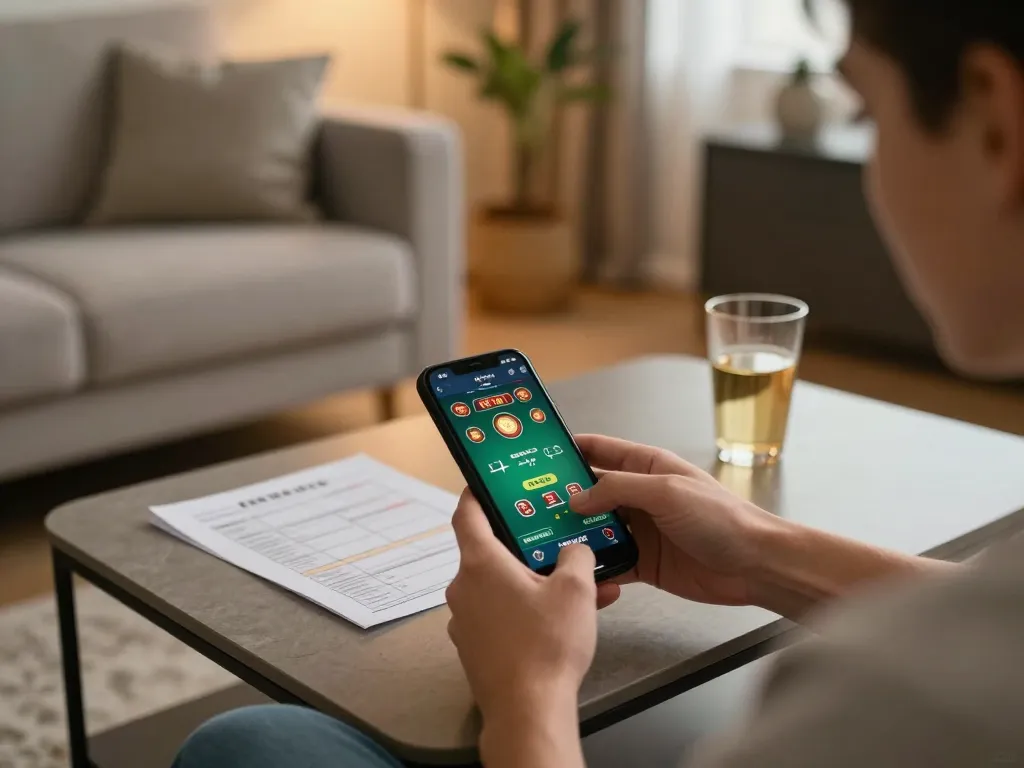 Engaging with CM88 mobile casino app during home gaming session, capturing strategy notes and cozy atmosphere.