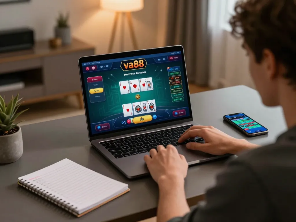 Engaging online poker gameplay at va88 with a focused gambler using a laptop in a stylish home setting.