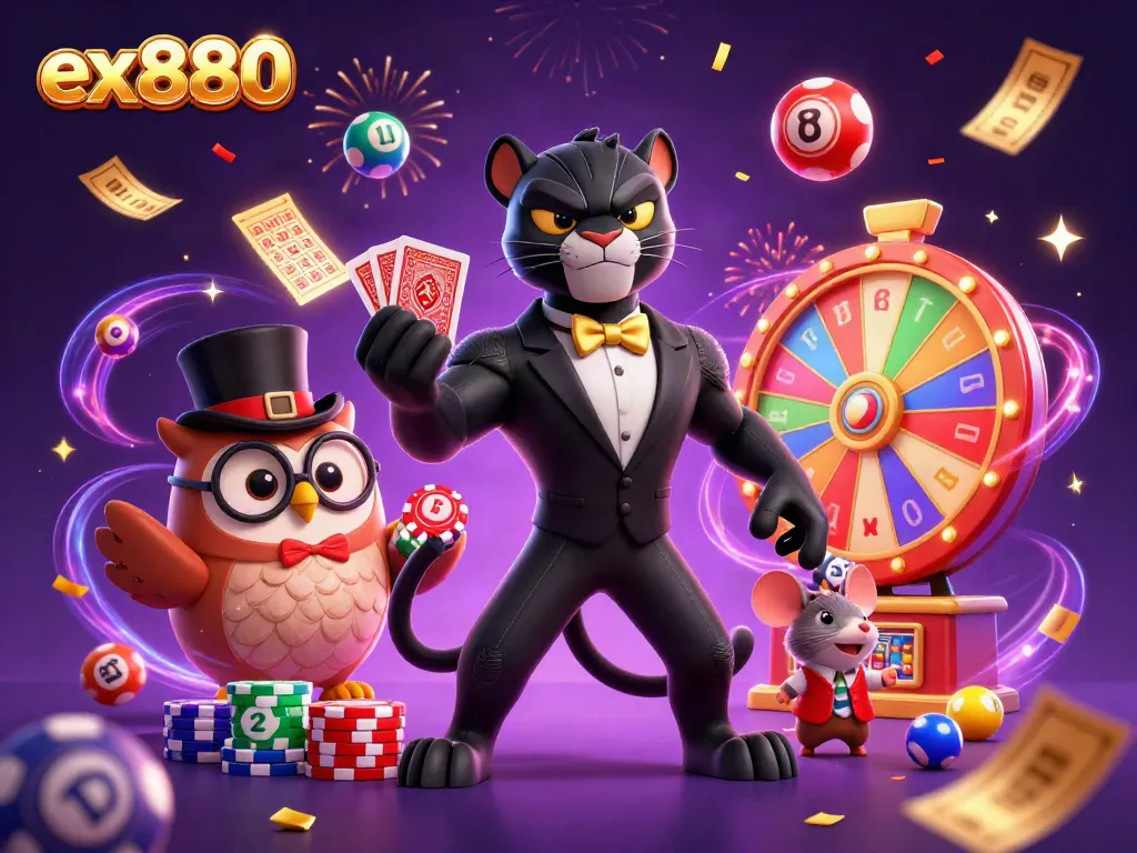 Engage in thrilling ex880 casino fun with a stylish panther dealing cards among vibrant gaming elements.