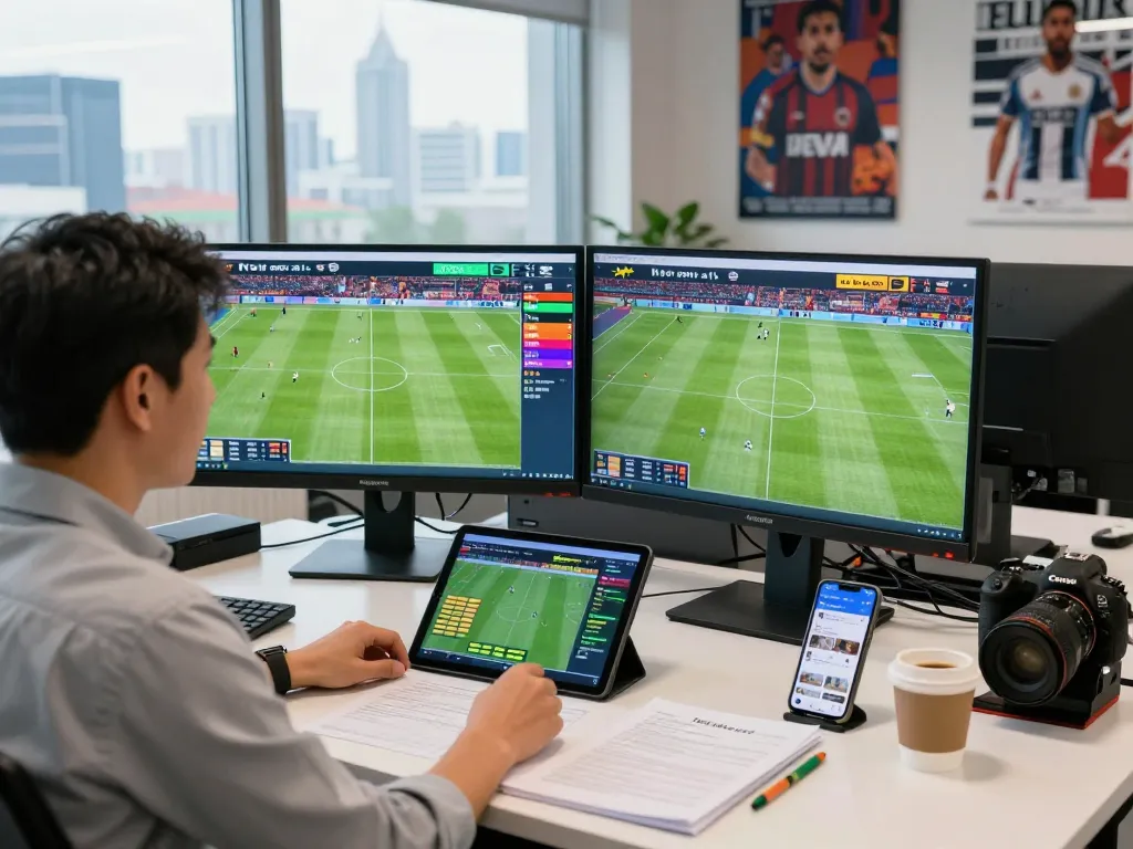 Analyst reviewing live sports scores on Nowgoal in a modern office, showcasing energy and engagement.
