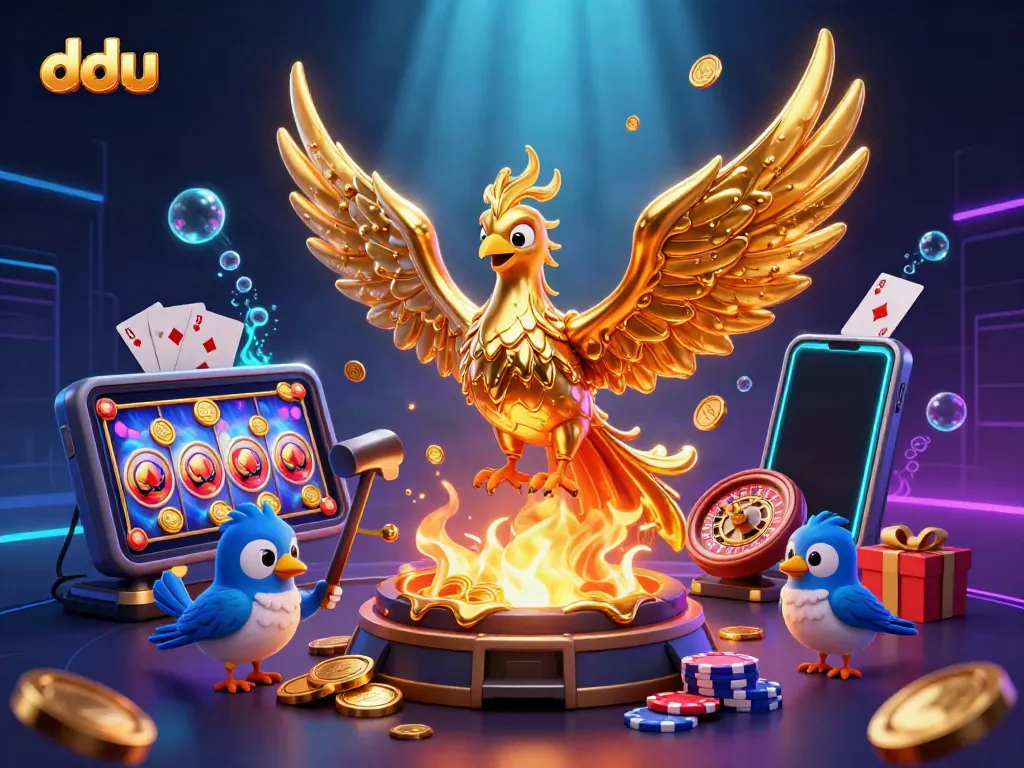 Experience thrilling slots with dduu’s explosive gaming scene featuring golden coins and a vibrant casino atmosphere.