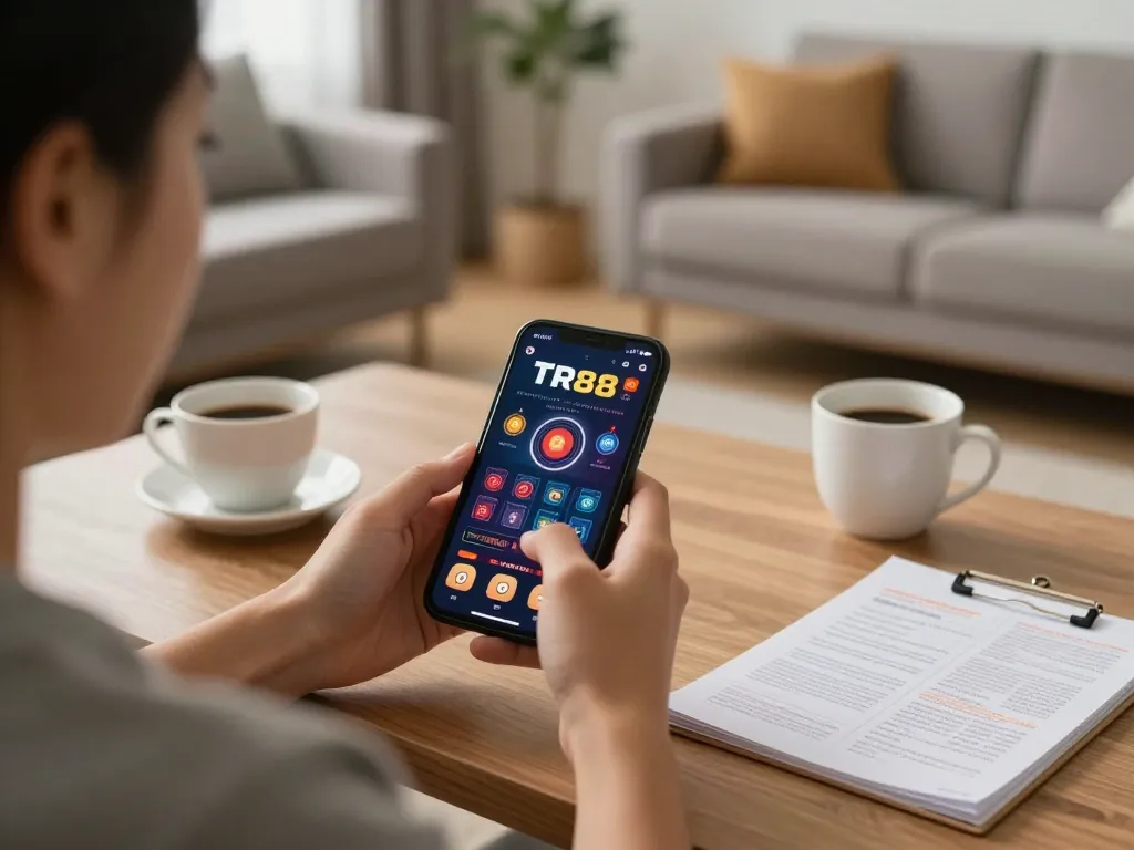 Engaging with TR88 online casino app's live dealer game in a cozy home setting.