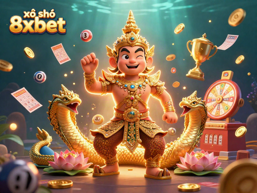 Engage in xổ số 8xbet with a vibrant 3D illustration featuring a guardian and lottery elements.