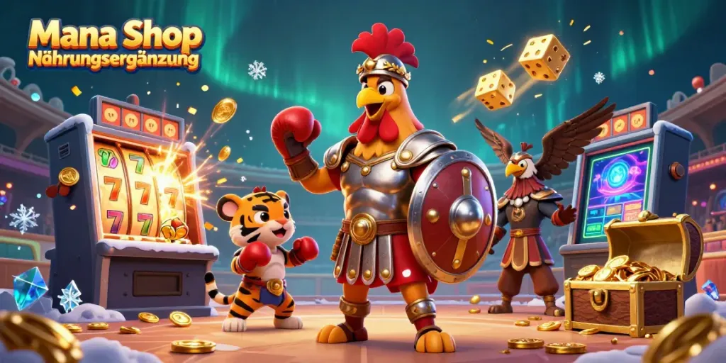 Erlebe die aufregende Mana Shop Nahrungsergänzung mit dem 3D gladiatorischen Hahn in einem Casino-Setting.