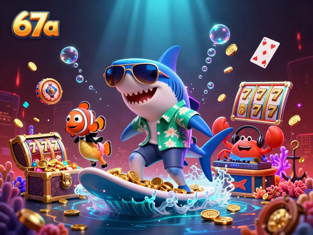 Experience the thrill of 67a with a shark surfing on gold coins in a vibrant casino-themed underwater scene.