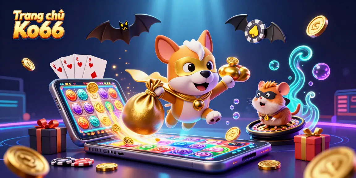 Experience thrilling gaming at Trang chủ Ko66 with a dynamic illustration showcasing fun casino elements.